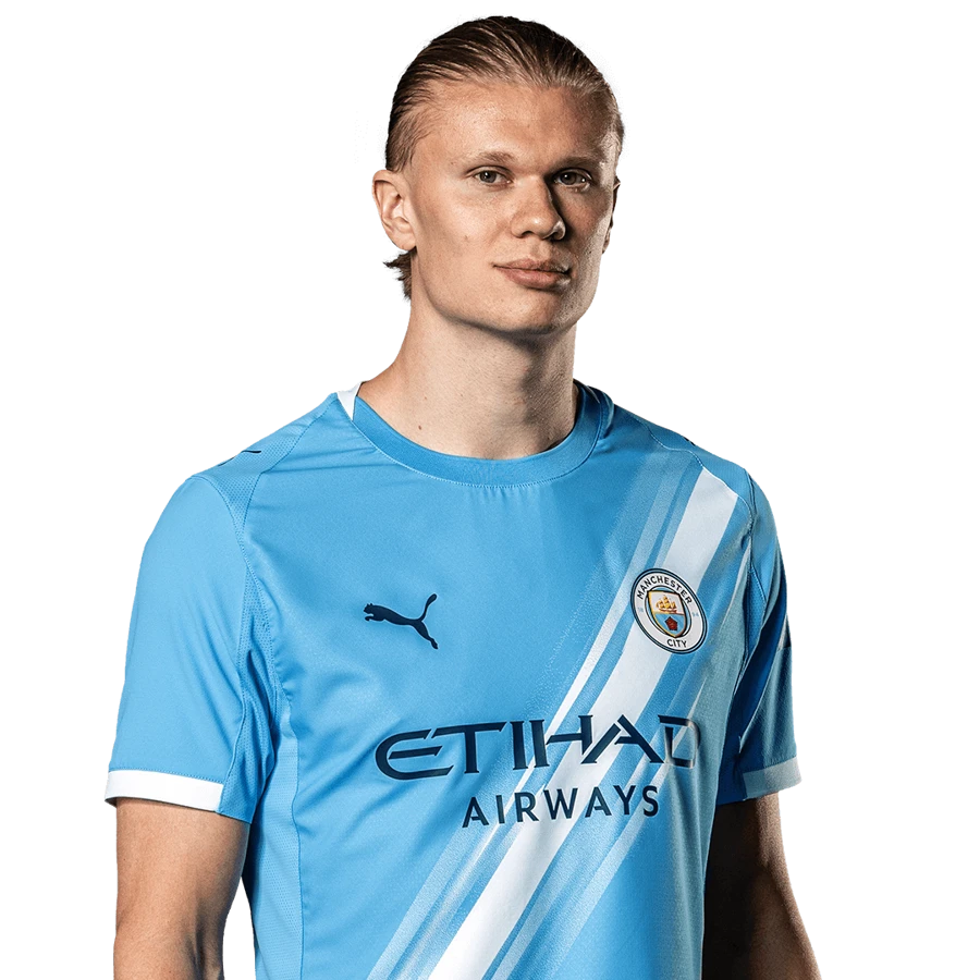 Erling Haaland in Manchester City electric blue kit